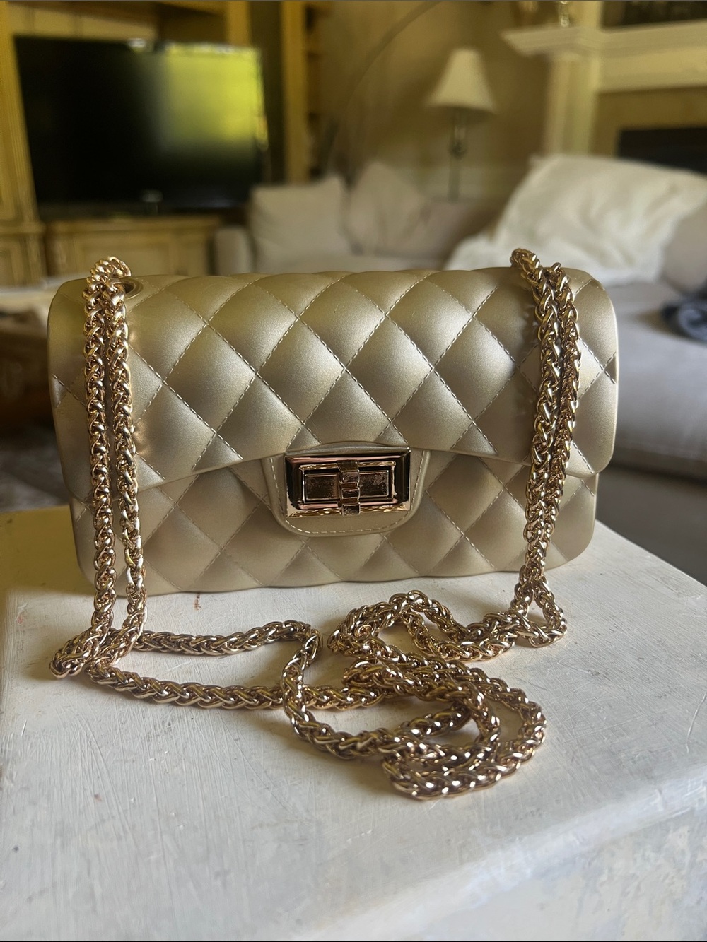 Mini Quilted Chain Shoulder Bag in Champagne